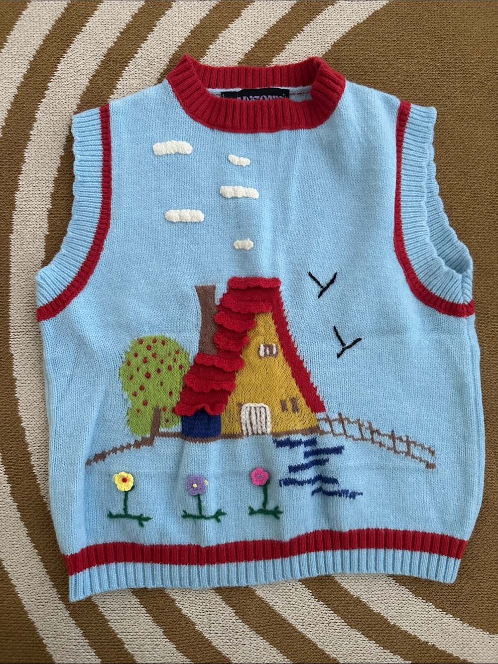 Light Blue Cottage Knit Sweater Vest with Red Trim